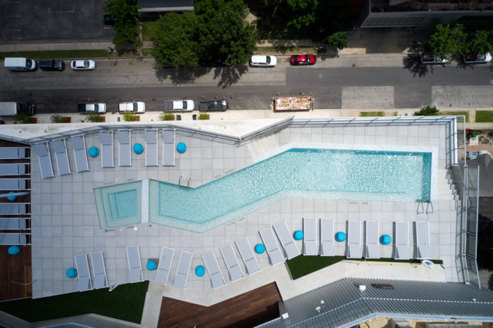 aerial view of rooptop pool in austin tx luxury apartments